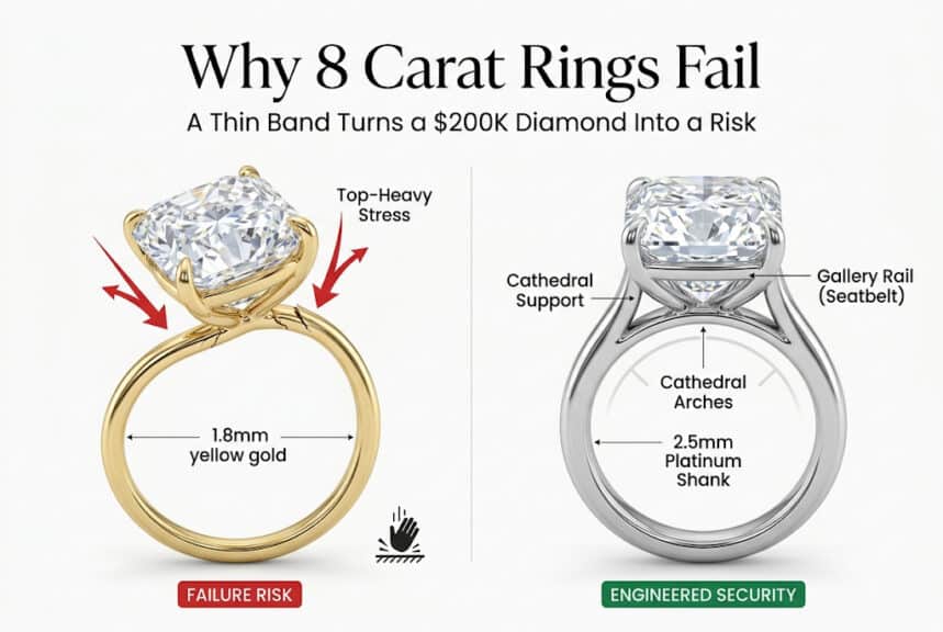 8 carat diamond ring structural failure thin band vs platinum cathedral setting infographic