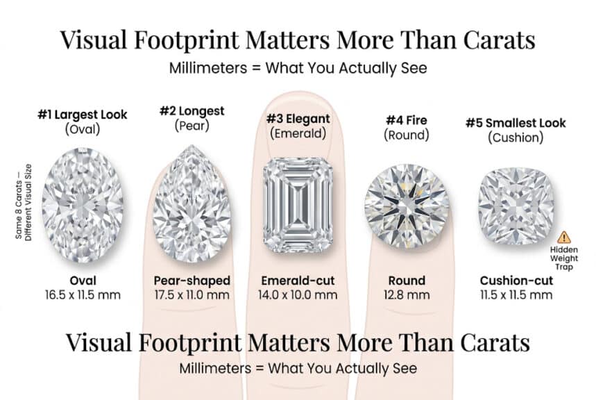 8 carat diamond size comparison oval pear emerald round cushion mm dimensions visual footprint infographic