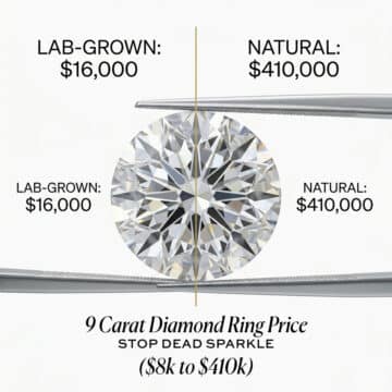 High-end infographic comparing a $16,000 lab-grown 9-carat diamond to a $410,000 natural 9-carat diamond, held by jeweler tweezers.