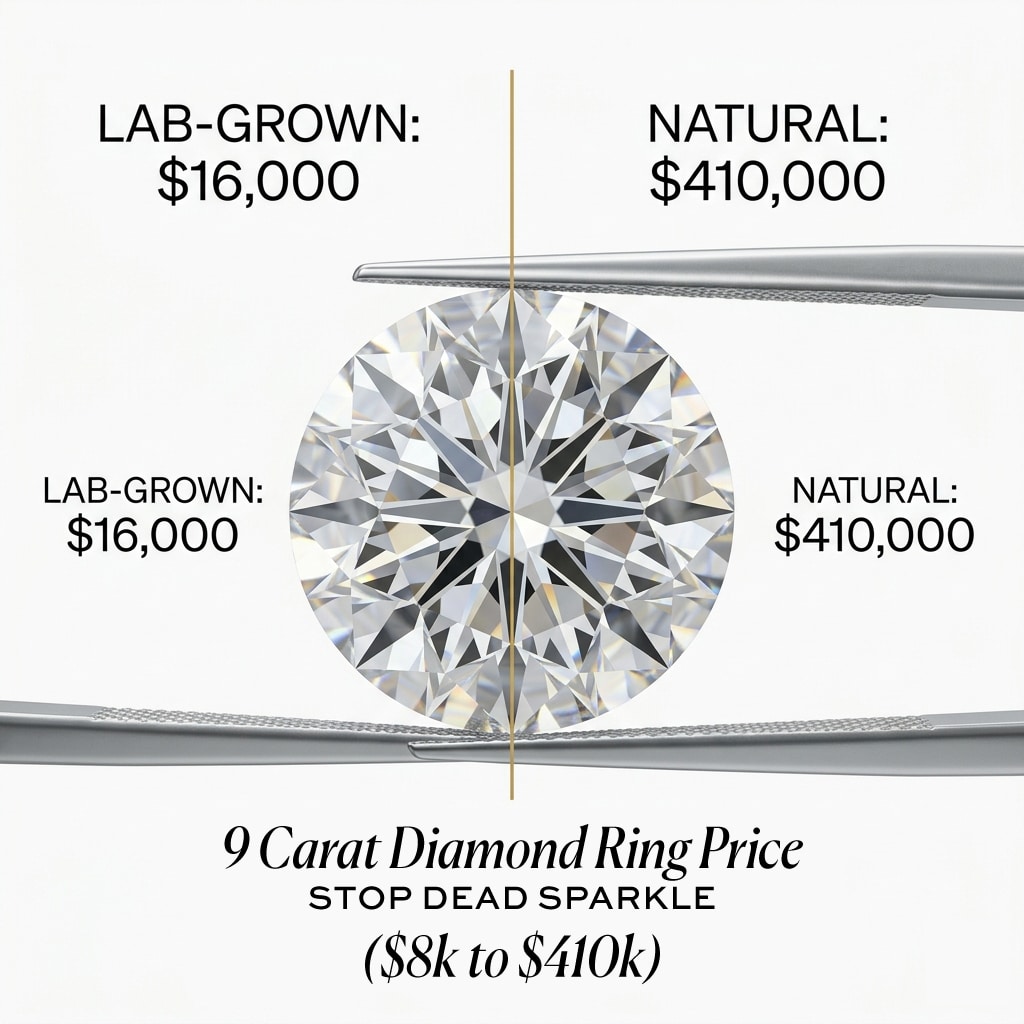 High-end infographic comparing a $16,000 lab-grown 9-carat diamond to a $410,000 natural 9-carat diamond, held by jeweler tweezers.