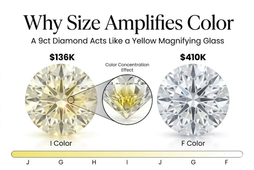 9 carat diamond color comparison I vs F color yellow tint concentration large diamonds