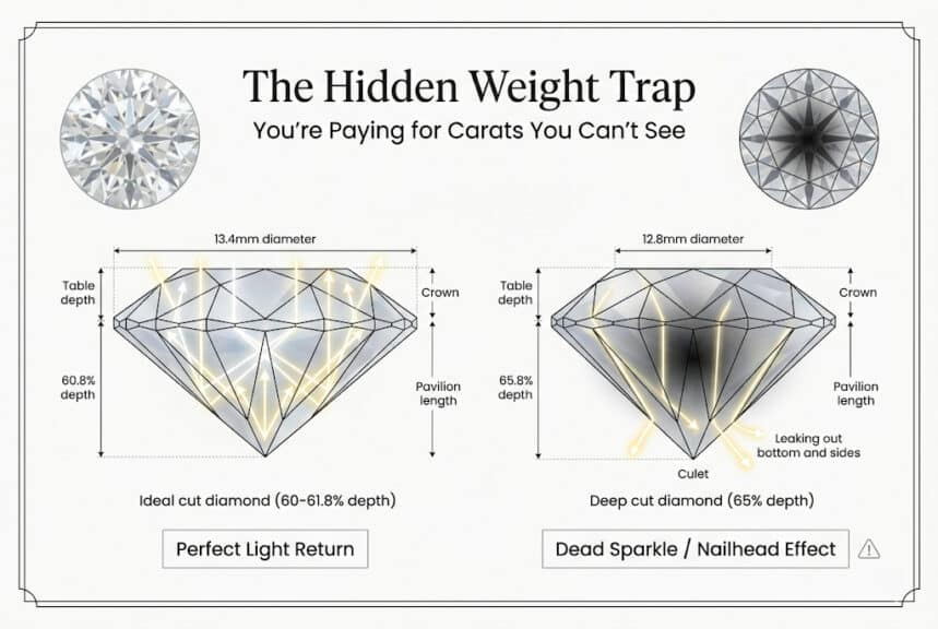 diamond depth percentage comparison ideal vs deep cut dead sparkle nailhead effect