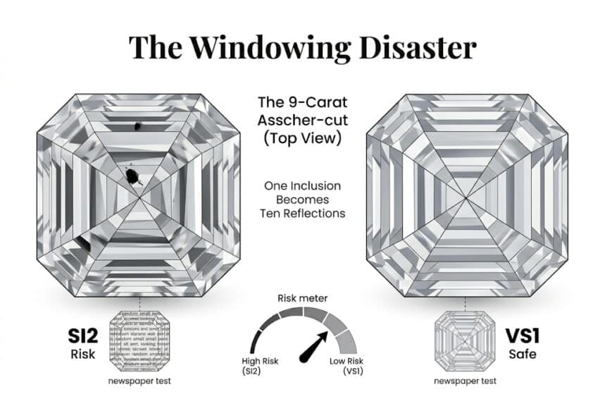 asscher diamond windowing effect SI2 vs VS1 clarity large diamond inclusion visibility