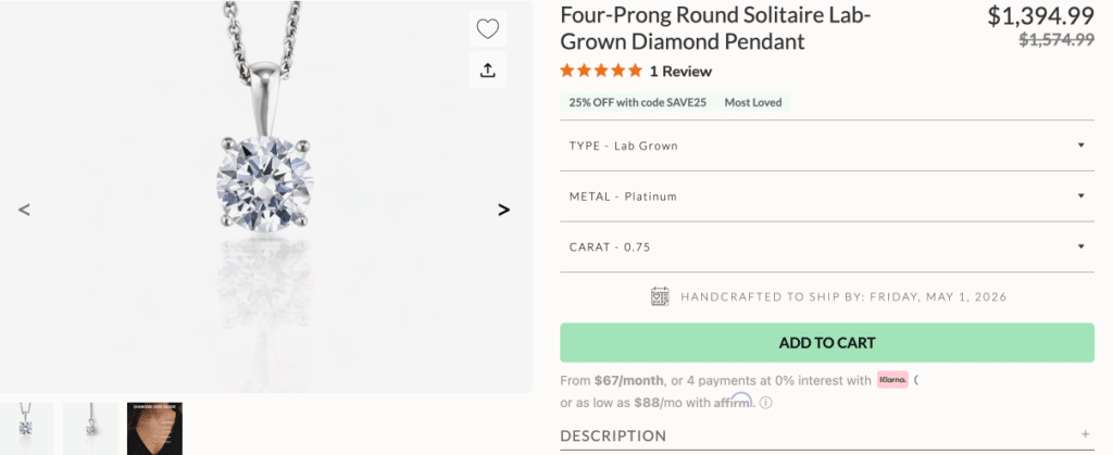 Four-Prong Round Solitaire Lab-Grown Diamond Pendant from ritani