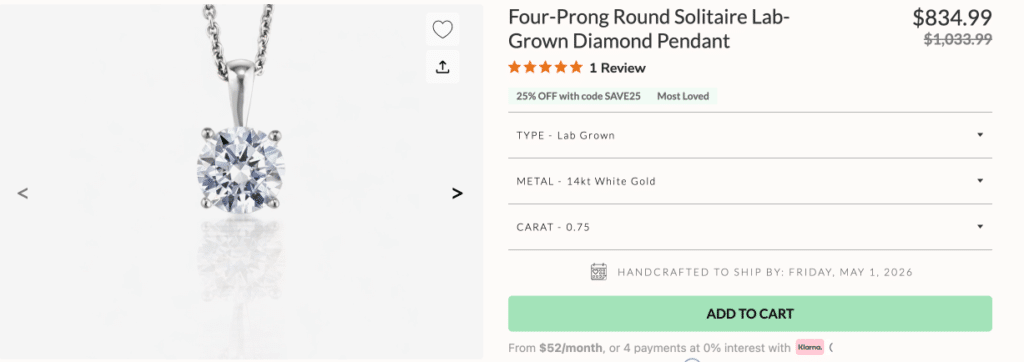 Four-Prong Round Solitaire Lab-Grown Diamond Pendant