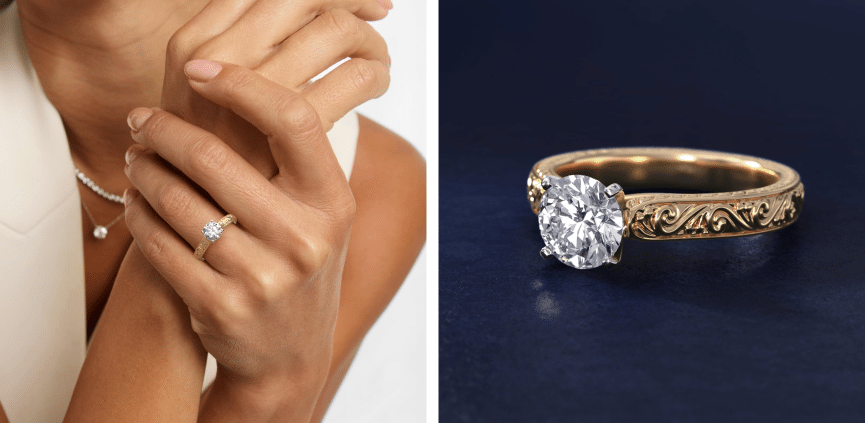 Hand-Engraved Solitaire Engagement Ring in 18K Yellow Gold.