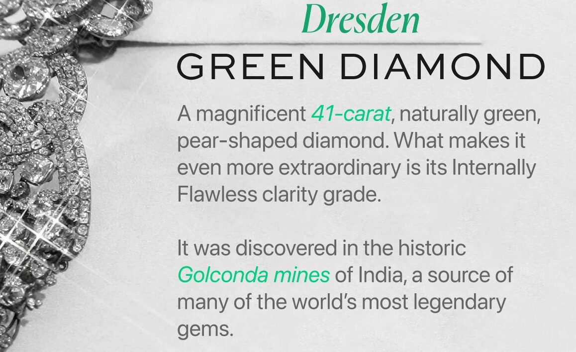 The historic Dresden Green Diamond set in a white metal hat ornament, highlighting the 41-carat, Internally Flawless, naturally colored green diamond, which originated from India's Golconda mines.