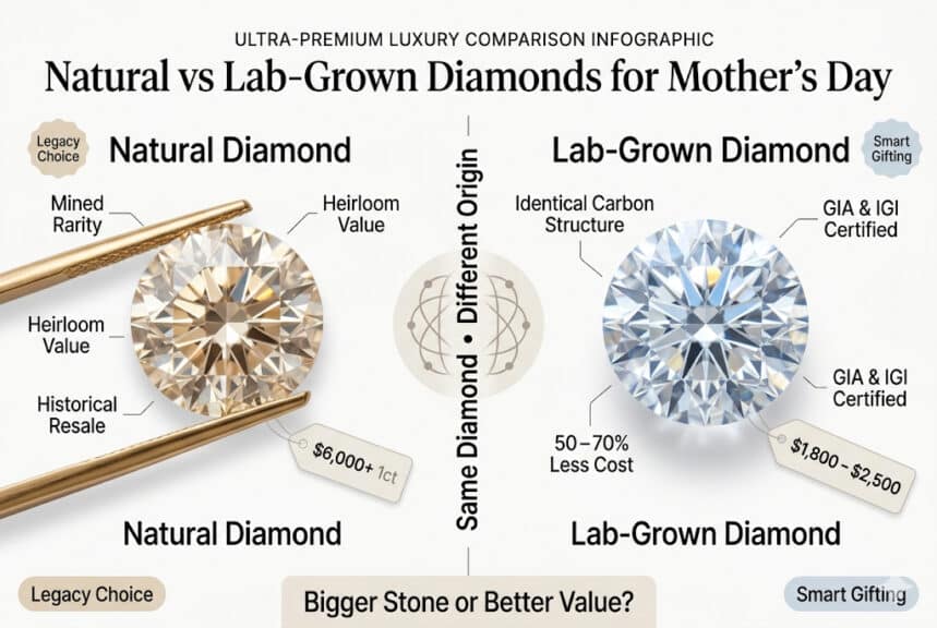 Natural vs lab-grown diamond comparison for Mother's Day 2026 showing price difference, identical appearance, and value benefits for gifting