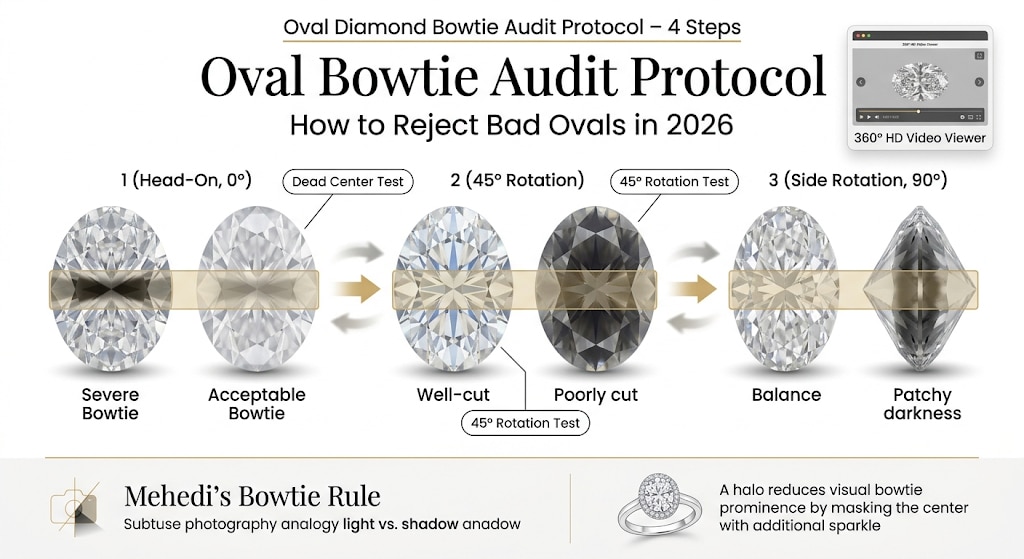 Step-by-step oval diamond bowtie test showing center shadow detection and 45 degree rotation comparison for identifying severe bowtie effect in 2026