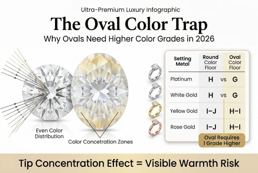 Oval diamond color tips effect showing yellow tint concentration at ends compared to round diamond with even color and recommended color grades by metal setting