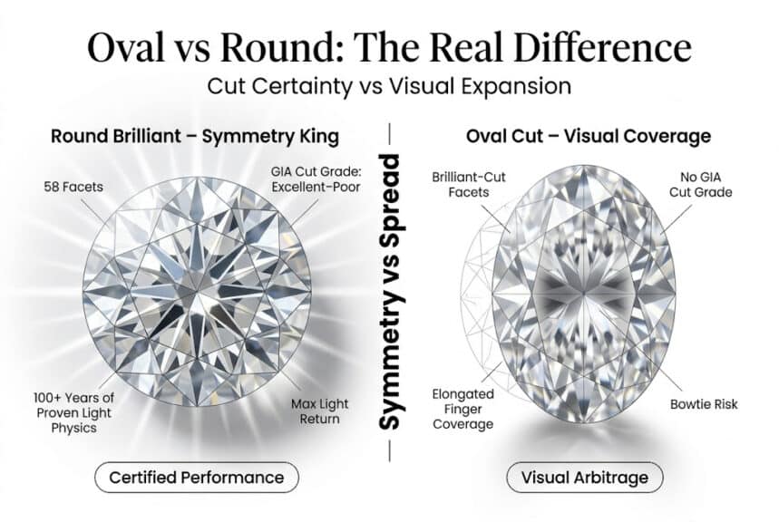 Oval vs round diamond comparison showing symmetry, GIA cut grading, and elongated finger coverage differences in 2026