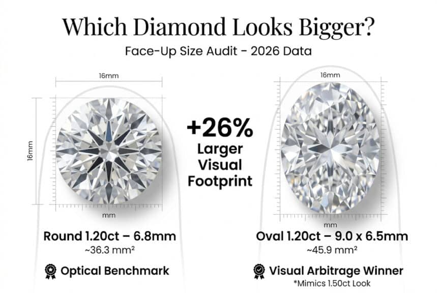 Oval vs round diamond face-up size comparison showing 1.20 carat oval appearing 26 percent larger than round on finger with millimeter measurements
