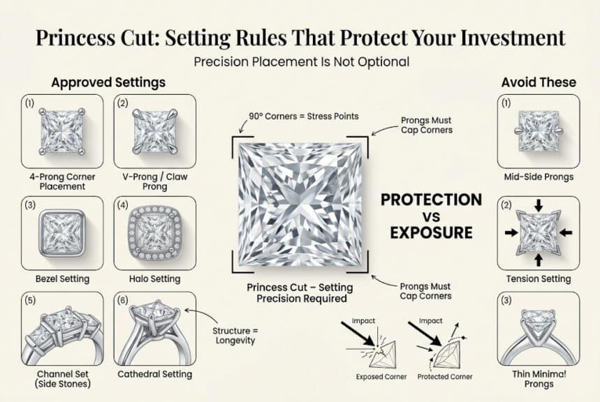 Princess cut diamond best settings infographic showing correct corner prong placement V prongs bezel and halo versus unsafe mid side prongs and tension settings