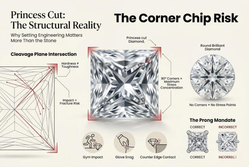 Princess cut diamond corner chip risk infographic showing 90 degree stress points, cleavage planes, and correct V-prong setting protection for durability