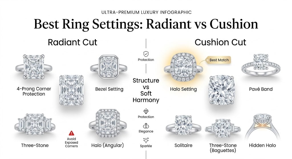 Radiant vs cushion cut diamond ring settings comparison showing best prong, bezel, halo, pavé, and three-stone styles with protection and design differences