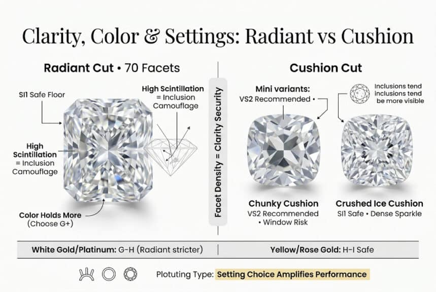 Radiant vs cushion cut diamond clarity and color guide showing SI1 vs VS2 recommendations, color grade differences, and best settings for each shape