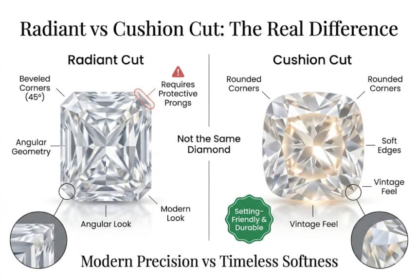 Radiant vs cushion cut diamond comparison showing beveled vs rounded corners, durability differences, and modern vs vintage design styles