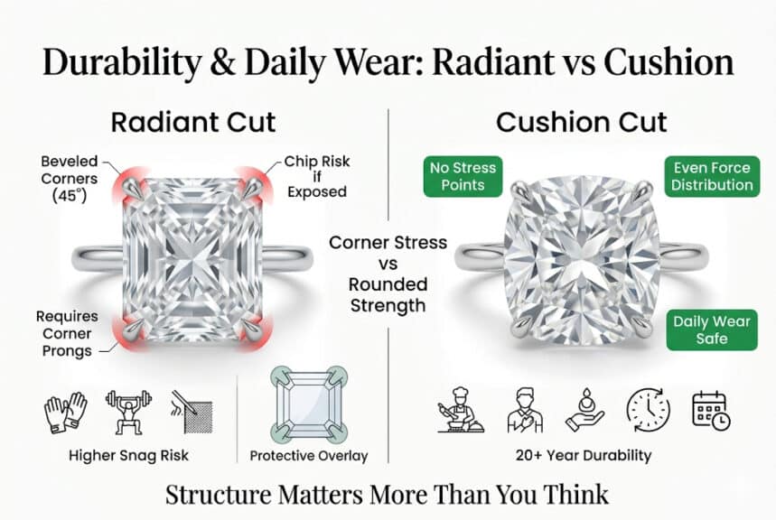 Radiant vs cushion cut diamond durability comparison showing corner chip risk vs rounded strength for daily wear and long-term use