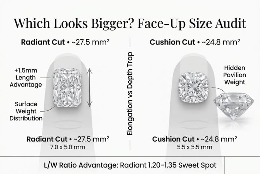 Radiant vs cushion cut diamond face-up size comparison showing elongated radiant appearing larger than cushion due to better surface spread and less hidden depth