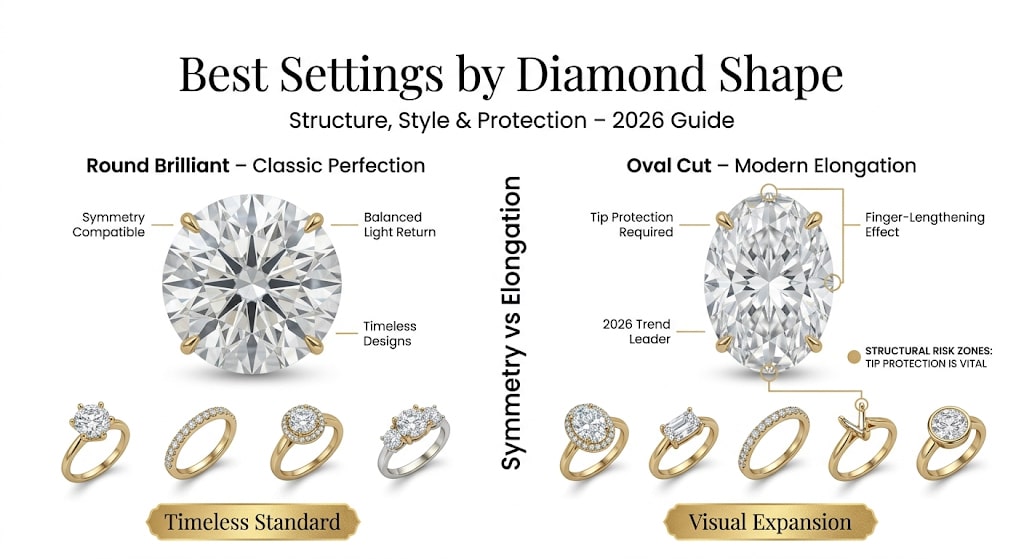 Comparison of best engagement ring settings for round brilliant and oval diamonds including solitaire halo pave bezel and tip protection design differences