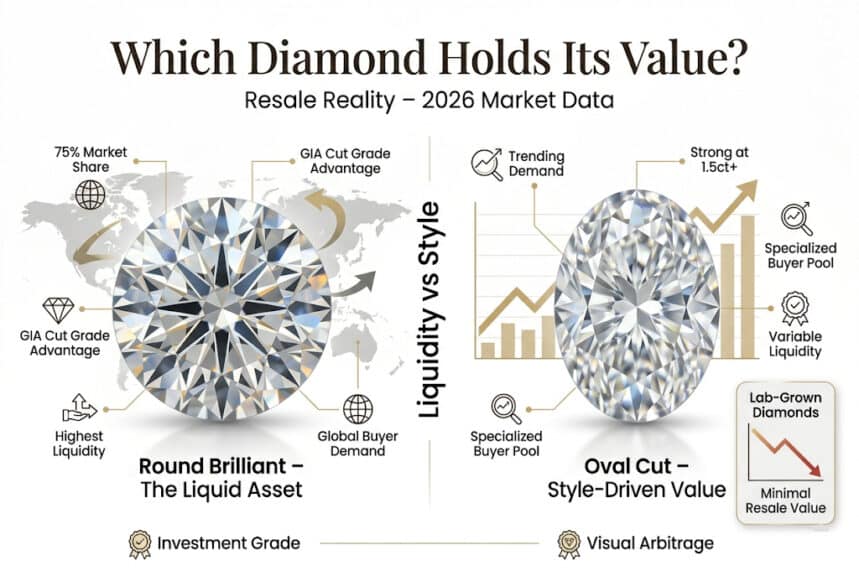 Round vs oval diamond resale value comparison showing higher liquidity and market demand for round diamonds versus trend driven value of oval diamonds in 2026