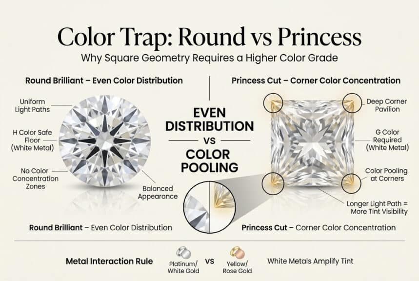Round vs princess cut diamond color comparison showing corner color concentration effect and why princess diamonds need higher color grade in white gold settings