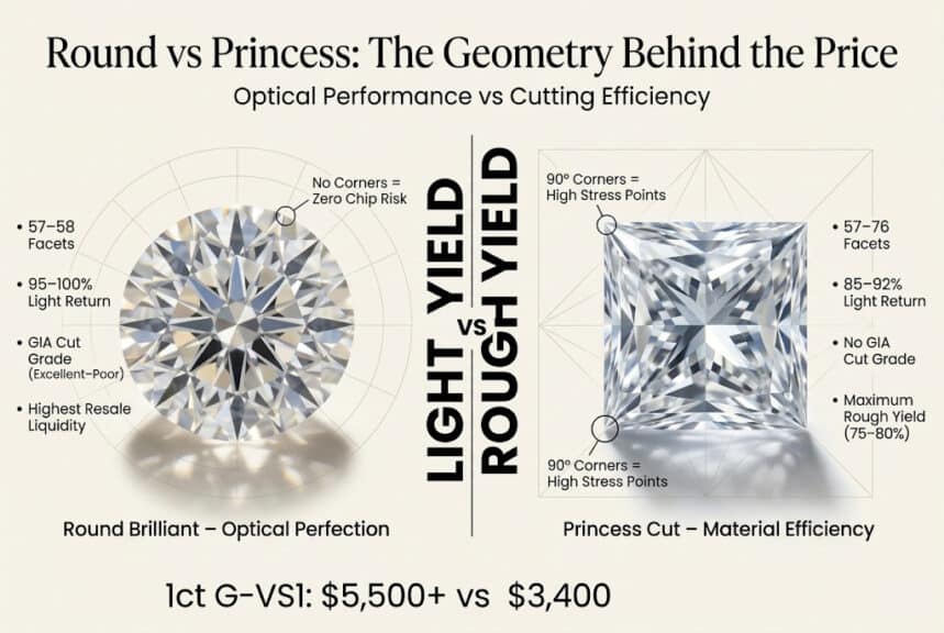 Round vs Princess cut diamond comparison infographic showing light return, facet count, price difference, and geometry impact on brilliance and durability in 2026