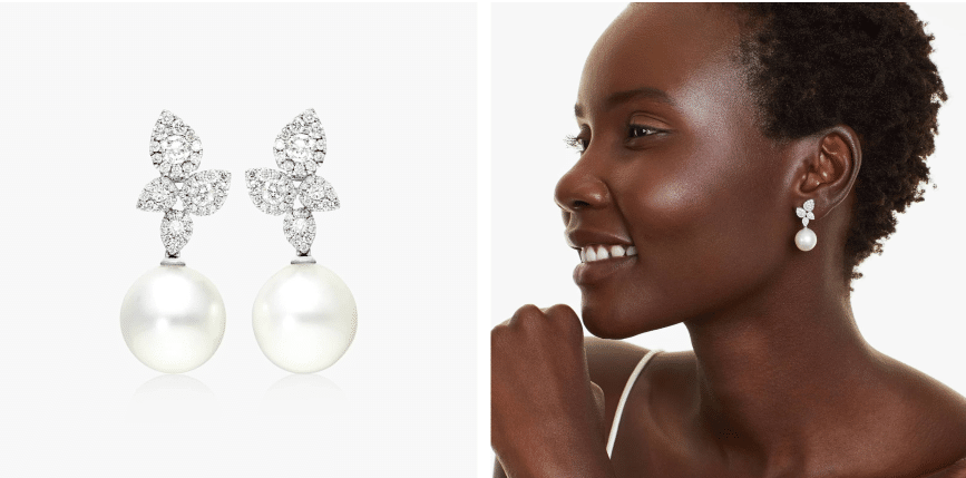 Cultured South Sea Pearl And Teardrop Diamond Cluster Drop Earrings In 18K White Gold (12-13 mm)