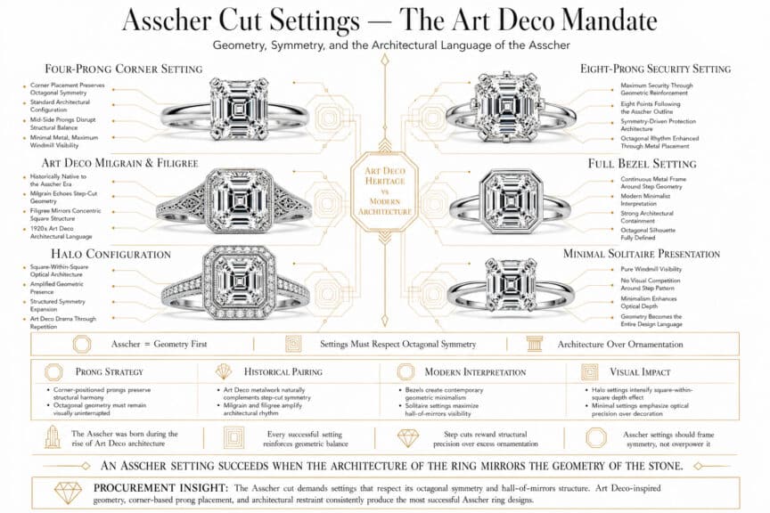 Luxury infographic showing Asscher cut diamond ring settings including Art Deco milgrain, bezel, halo, solitaire, four-prong, and eight-prong architectural designs on a pure white background