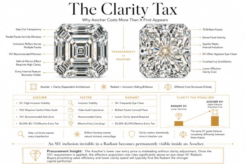 Luxury infographic comparing the clarity tax between asscher cut and radiant cut diamonds showing step-cut inclusion visibility versus brilliant-cut inclusion masking in premium editorial style