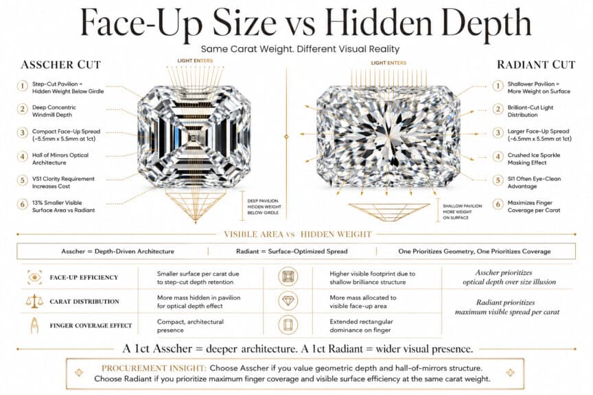 Asscher vs radiant cut diamond face-up size comparison showing hidden pavilion weight, depth differences, and finger coverage efficiency in luxury infographic style