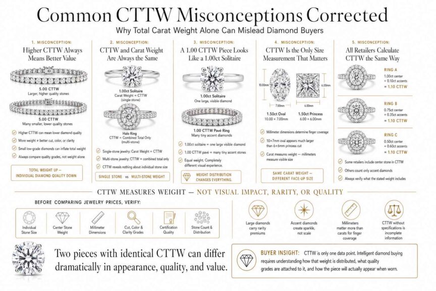 Luxury infographic correcting common CTTW misconceptions in diamond jewelry showing solitaire rings, pavé diamonds, halo engagement rings, tennis bracelets, and diamond size comparisons