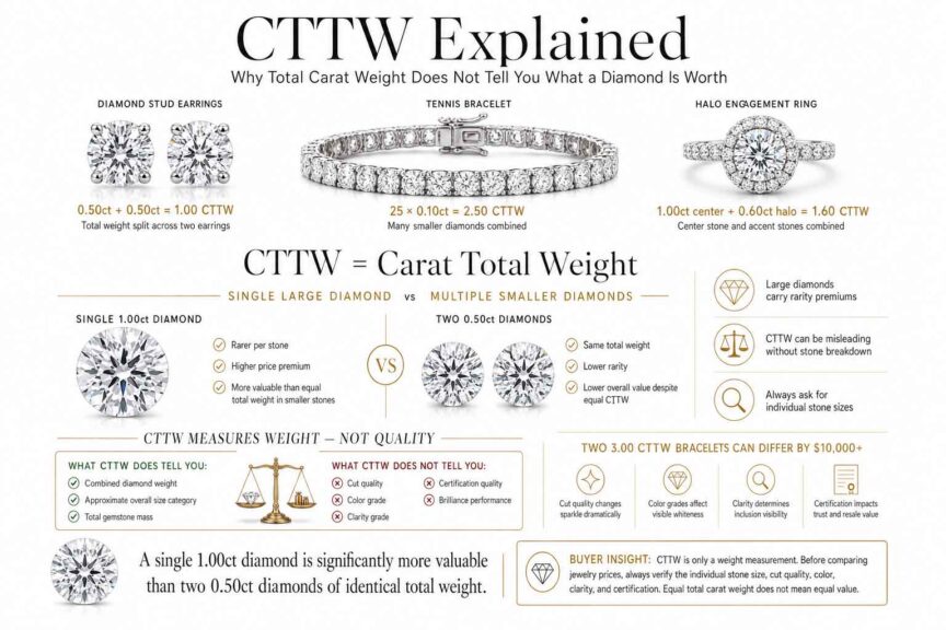 Luxury infographic explaining CTTW carat total weight with diamond earrings, tennis bracelet, and halo ring showing why total carat weight alone does not determine diamond value or pricing
