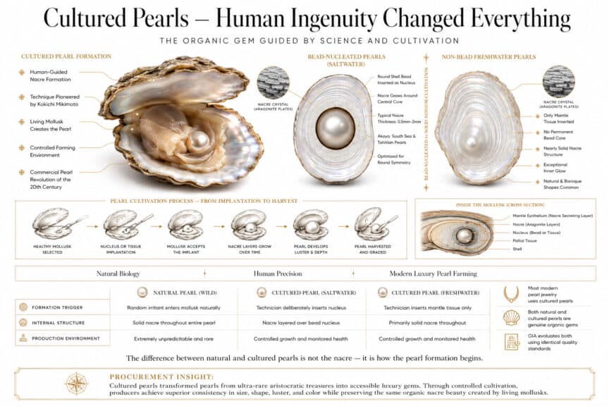 Luxury infographic explaining cultured pearls with bead-nucleated and non-bead freshwater pearl formation, nacre structure, and pearl cultivation process in scientific gemology style