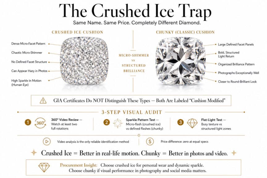 Cushion cut diamond crushed ice vs chunky comparison showing facet pattern sparkle differences and how to identify each style in luxury infographic style