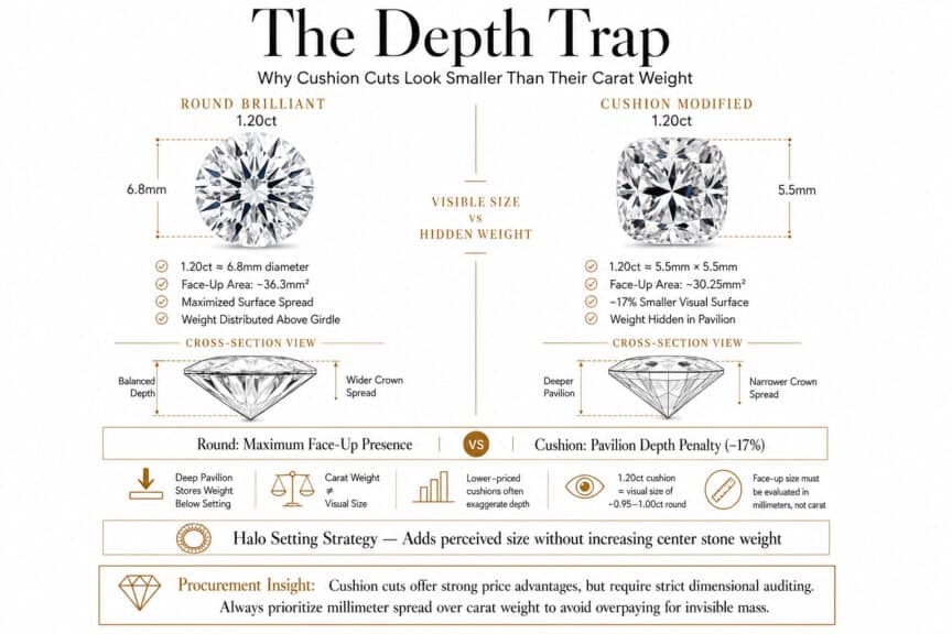 Cushion cut vs round diamond depth trap comparison showing why cushion faces up smaller due to deeper pavilion and reduced surface area in luxury infographic style
