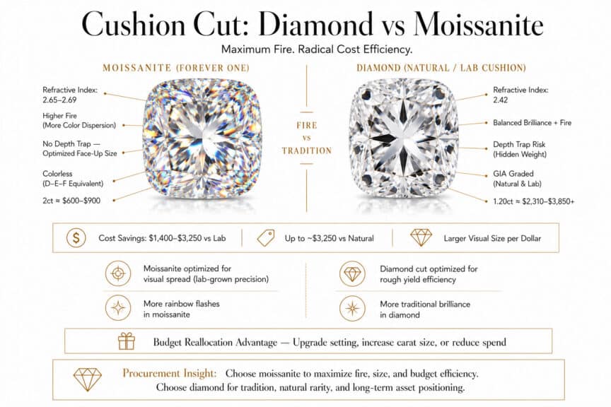 Cushion cut moissanite vs diamond comparison showing fire refractive index price savings and face up size advantages in luxury infographic style