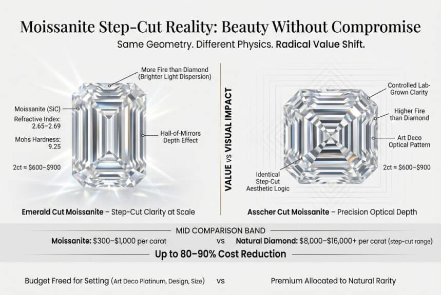Emerald and asscher cut moissanite comparison showing step cut gemstone beauty refractive index fire cost savings versus natural diamond prices in luxury infographic style