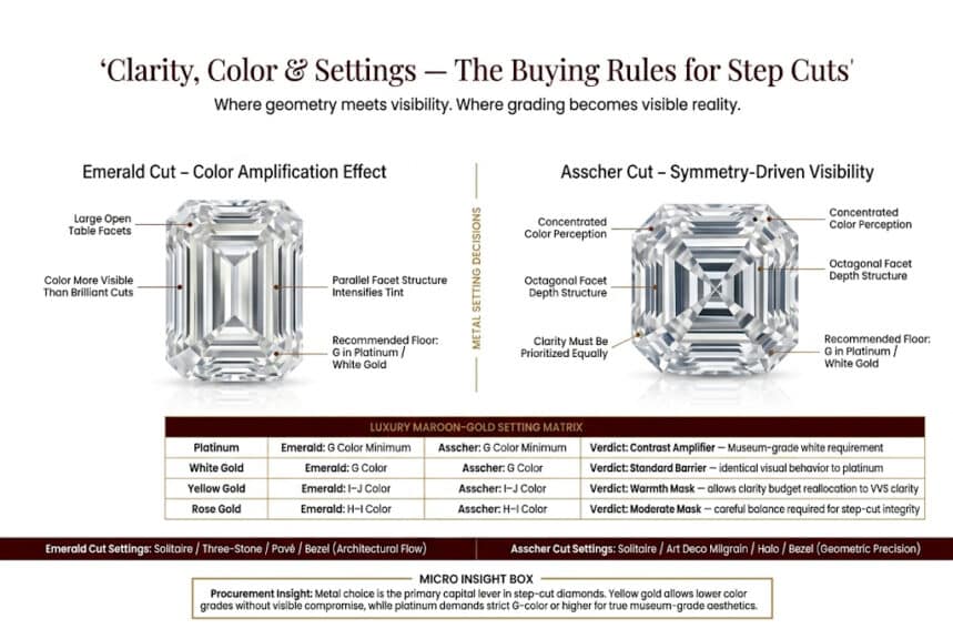 Emerald and asscher cut diamond clarity color and settings guide showing metal setting rules G color floors platinum white gold yellow gold and rose gold buying recommendations in luxury infographic style