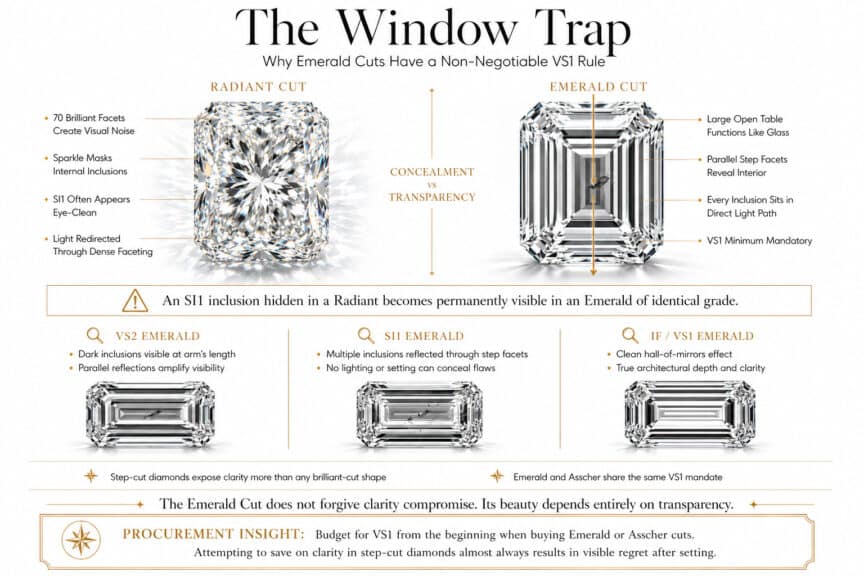 Emerald cut diamond window trap infographic showing why step cut diamonds require VS1 clarity and reveal inclusions more than radiant cuts in luxury infographic style