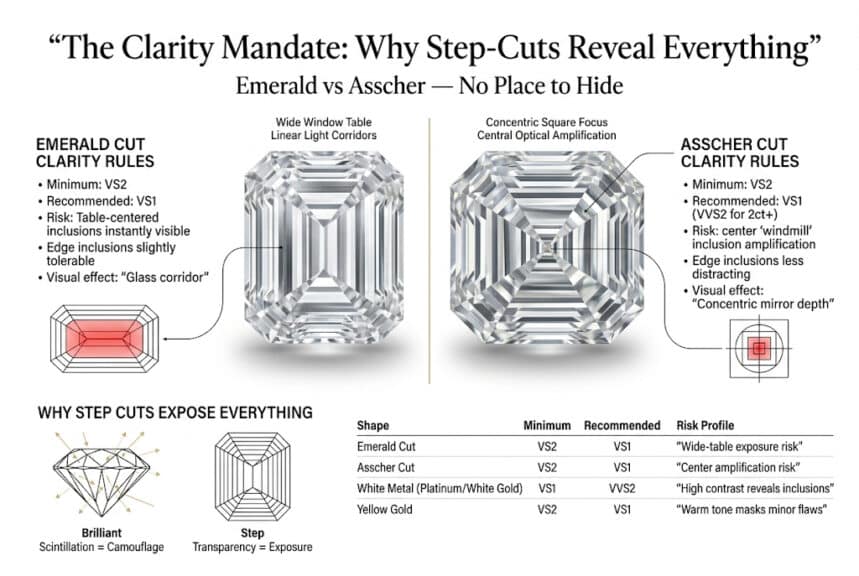 Emerald vs Asscher diamond clarity comparison infographic showing VS1 vs VS2 requirements step cut transparency and inclusion visibility on white background