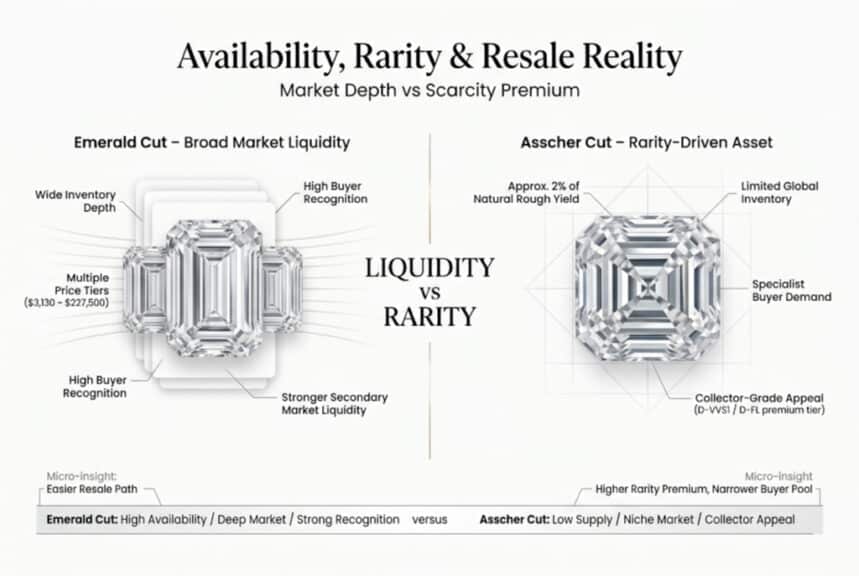 Emerald vs Asscher cut diamond comparison showing availability rarity and resale market differences including liquidity inventory depth and collector demand in luxury infographic style