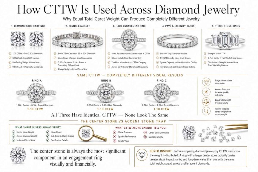 Luxury infographic explaining how CTTW works across diamond stud earrings, tennis bracelets, halo rings, pavé bands, eternity rings, and three-stone engagement rings with center stone versus accent stone comparisons