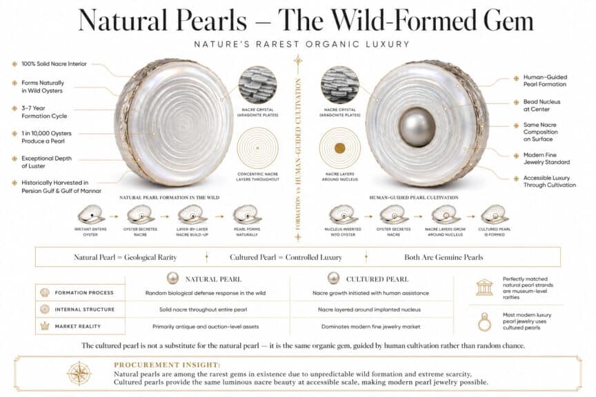 Luxury infographic comparing natural pearls and cultured pearls showing solid nacre structure, pearl formation process, rarity, and biological differences in museum-style gemology design
