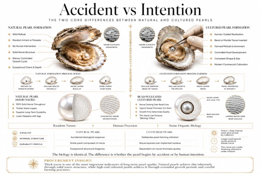 Luxury infographic comparing natural and cultured pearl formation, solid nacre structure, bead-nucleated pearls, and nacre thickness differences in scientific gemology style