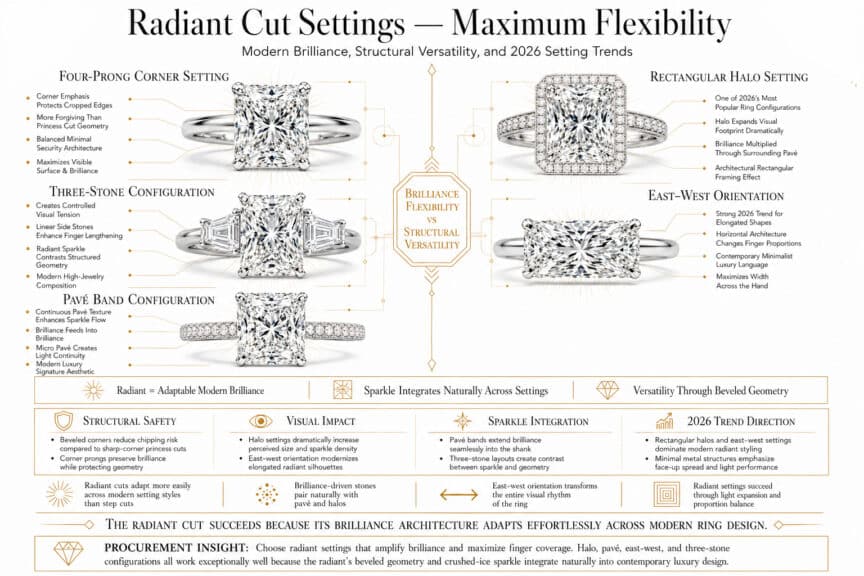 Luxury infographic showing radiant cut diamond ring settings including halo, pavé, east-west, three-stone, and four-prong configurations with modern brilliance and architectural styling on a pure white background
