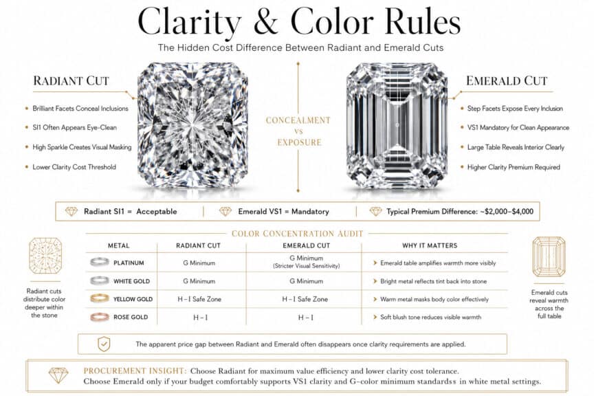 Radiant vs emerald cut diamond clarity and color comparison showing SI1 versus VS1 requirements color concentration and price premium differences in luxury infographic style