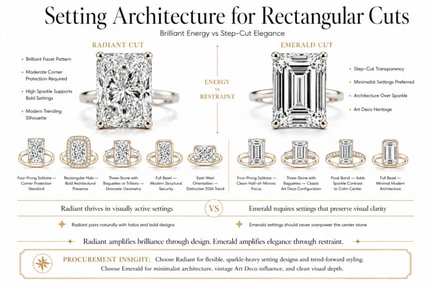 Radiant vs emerald cut diamond setting guide showing solitaire halo bezel pave and three stone ring styles for rectangular diamonds in luxury infographic style