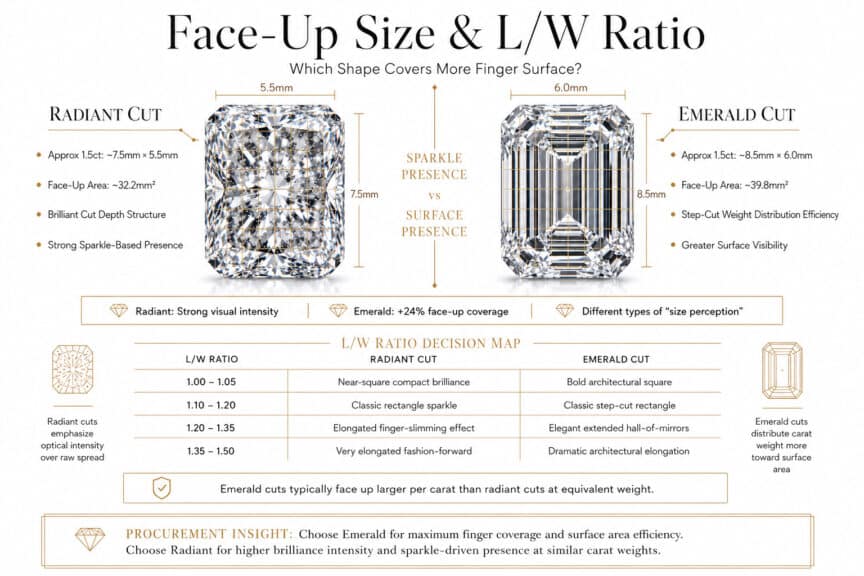 Radiant vs emerald cut diamond face up size and L/W ratio comparison showing millimeter dimensions surface area and finger coverage differences in luxury infographic style