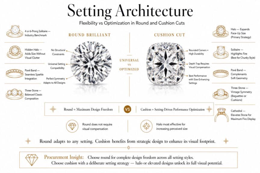 Round brilliant vs cushion cut diamond setting guide showing solitaire halo pave and three stone designs and how each shape performs in different settings in luxury infographic style